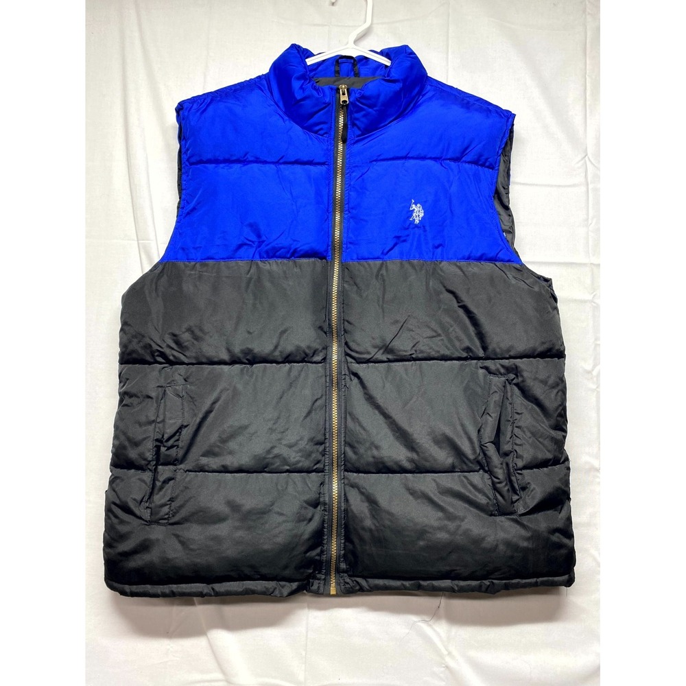 U.S. Polo Assn Puffer Vest Mens Large Blue Black Color Block Sleeveless Full Zip